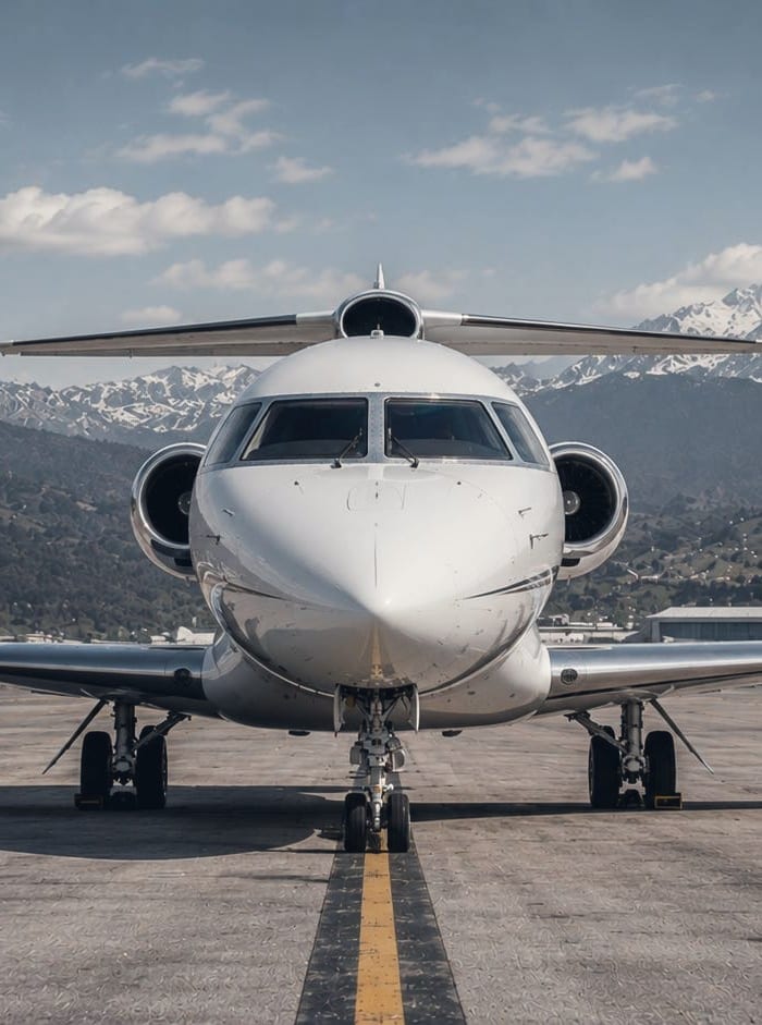 A business jet seen head-on on an apron, snow-capped mountains behind