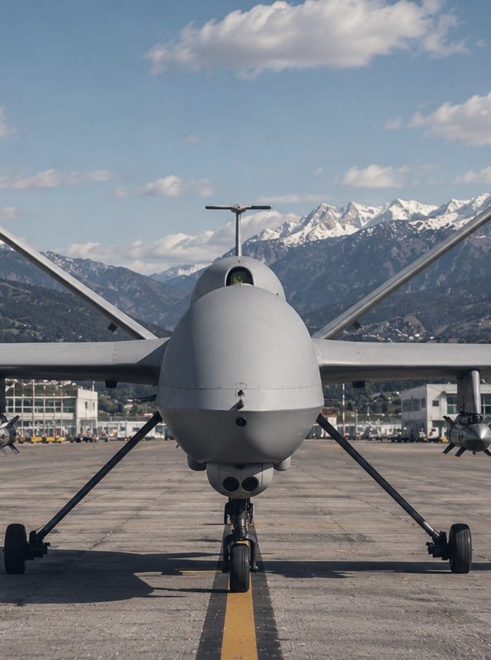 A military surveillance drone seen head-on on an apron, mountains behind