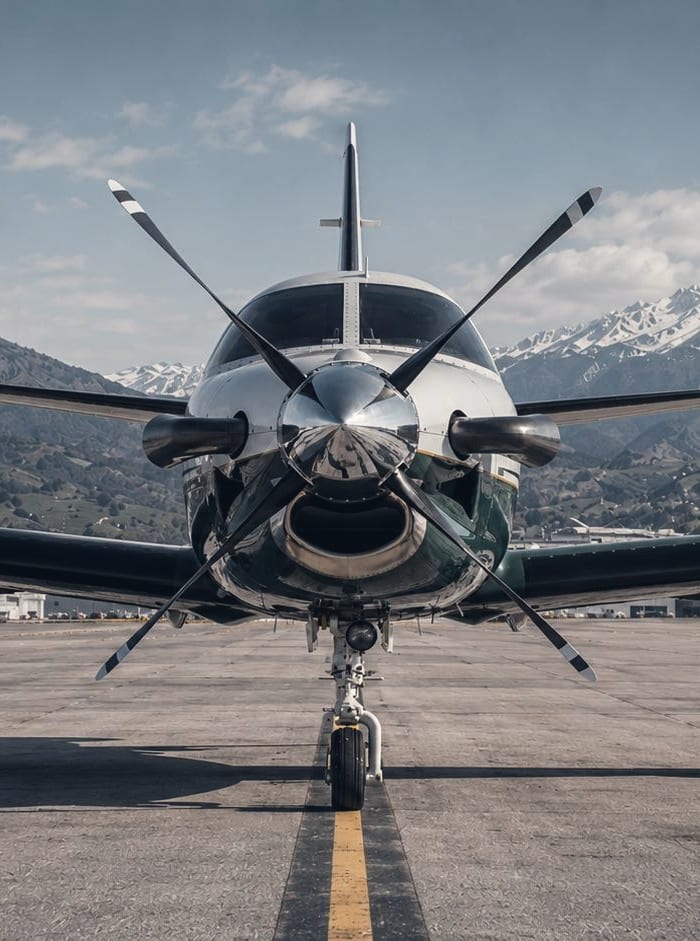 A single-engine turboprop seen head-on on an apron, snow-capped mountains behind