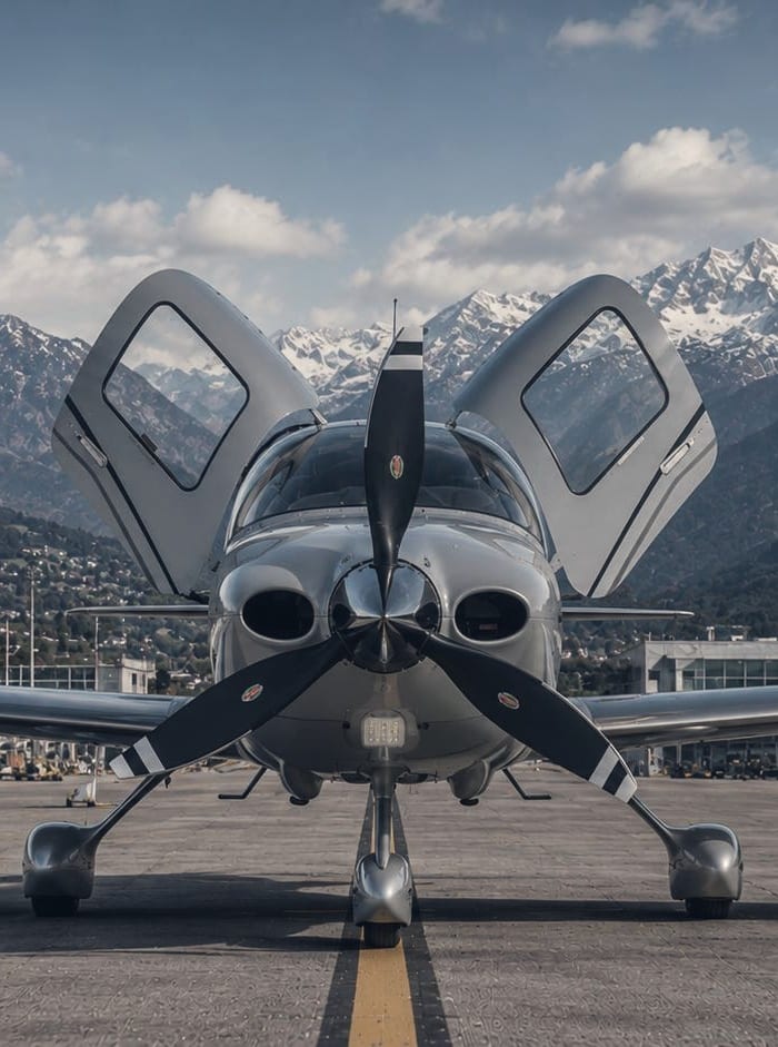 A four-seat light aircraft seen head-on with its gull-wing doors open, mountains behind
