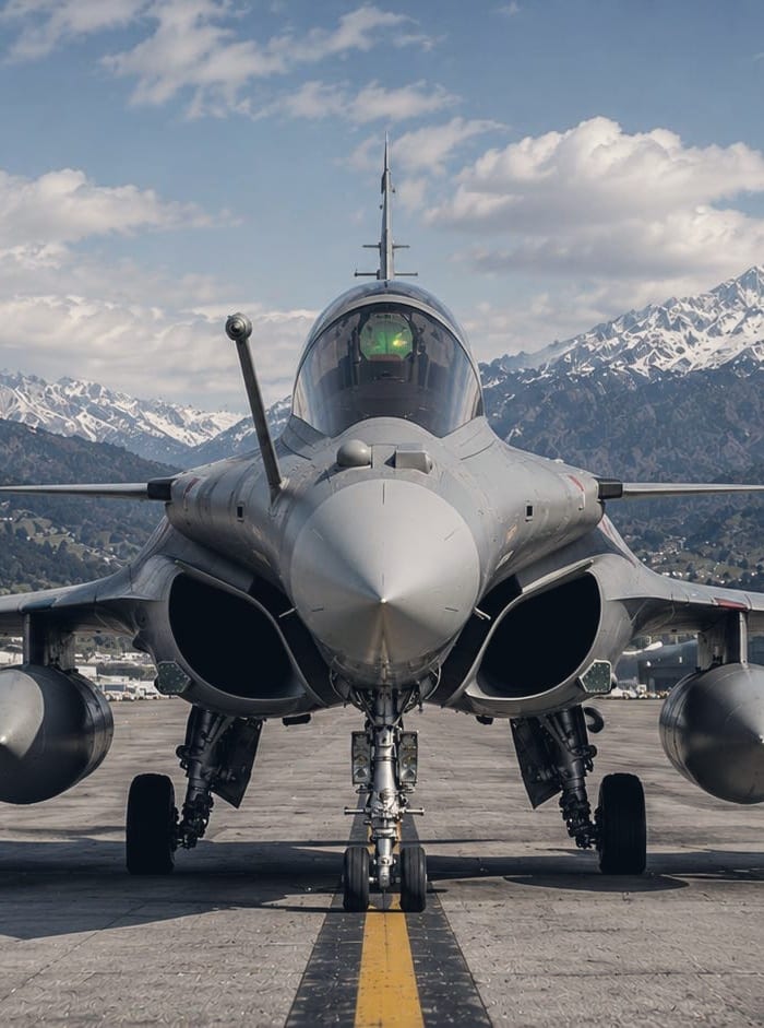 A Rafale fighter seen head-on on an apron, snow-capped mountains behind